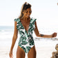 Women's Sexy Cap Sleeve Swimsuit Plunging One Piece Swimsuit Women Ruffle Sleeve Swimsuits