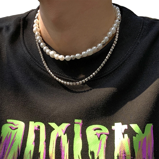 Punk Layered Tennis Chain And Choker Pearl Necklace for Men, Mens Pearl Jewellery