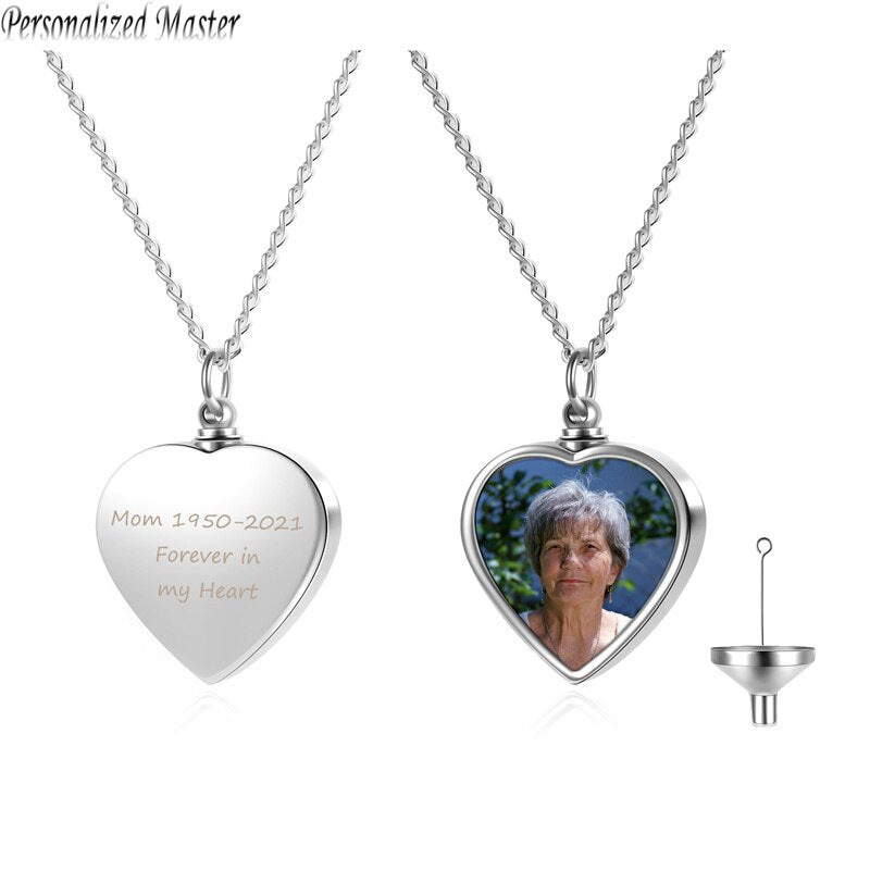 Personalized Master Newest Custom Photo Text Cremation Urn Heart Necklace for Ashes Cremation Keepsake Jewelry Memorial Pendant