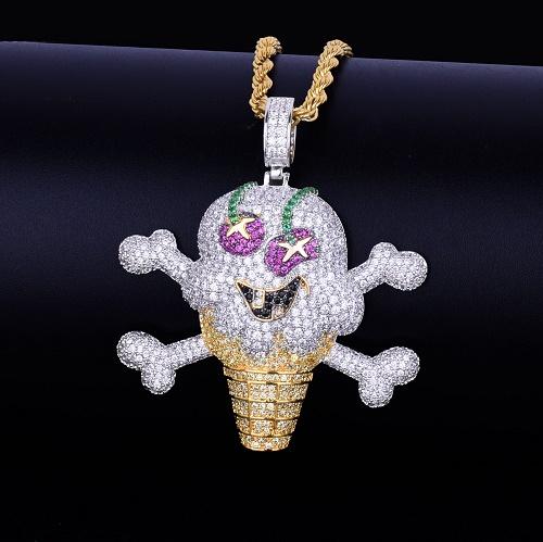 Skull ice cream shape Necklace& Pendant Free Rope Chain Gold Color AAA Cubic Zircon Men's Hip Hop Jewelry For Gift