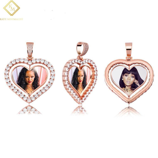 Heart Shaped Custom Photo Spin Double Sided Medallion Pendant Necklace With 4mm Tennis Chain Zircon Hip Hop Jewelry