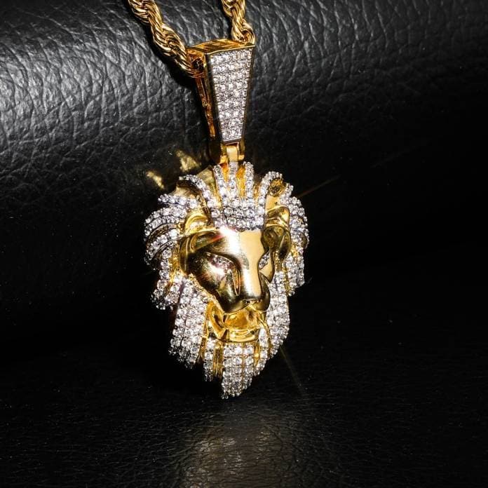 Hip Hop Gold Color Plated Iced Out Micro Pave Cubic Zircon Lion Head Pendant Necklace Charm For Men Jewelry Gifts