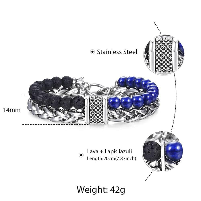 Natural Map Stone Men's Beaded Bracelet for women Stainless Steel Bracelets Male Jewelry Tiger eye 8 9 10 inch