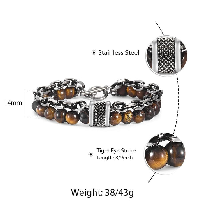 Natural Map Stone Men's Beaded Bracelet for women Stainless Steel Bracelets Male Jewelry Tiger eye 8 9 10 inch