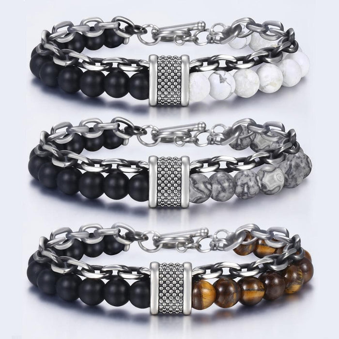 Natural Map Stone Men's Beaded Bracelet for women Stainless Steel Bracelets Male Jewelry Tiger eye 8 9 10 inch