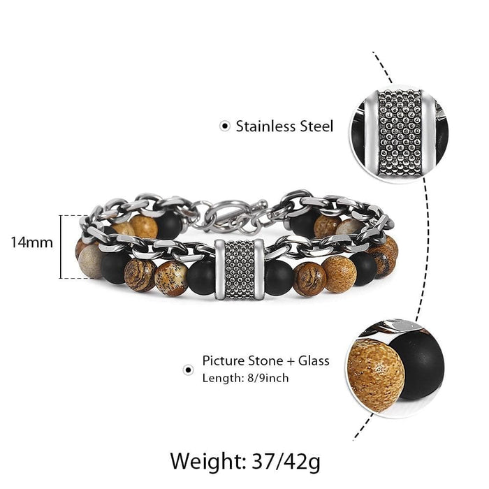 Natural Map Stone Men's Beaded Bracelet for women Stainless Steel Bracelets Male Jewelry Tiger eye 8 9 10 inch