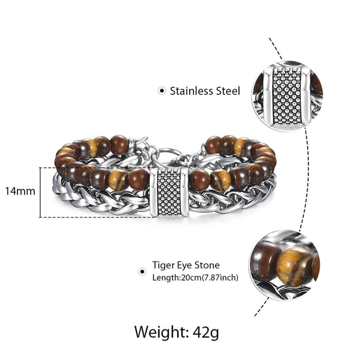 Natural Map Stone Men's Beaded Bracelet for women Stainless Steel Bracelets Male Jewelry Tiger eye 8 9 10 inch