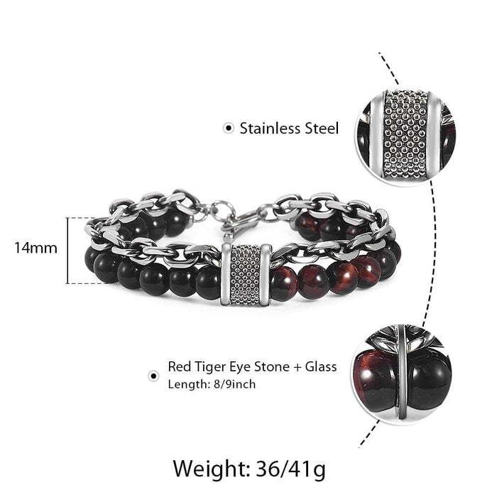 Natural Map Stone Men's Beaded Bracelet for women Stainless Steel Bracelets Male Jewelry Tiger eye 8 9 10 inch