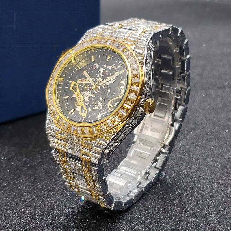 Mechanical Diamond Watch Gold Full Baguette Original Automatic Men's Skeleton Diamond Watch Luminous Luxury Waterproof Hand Clock