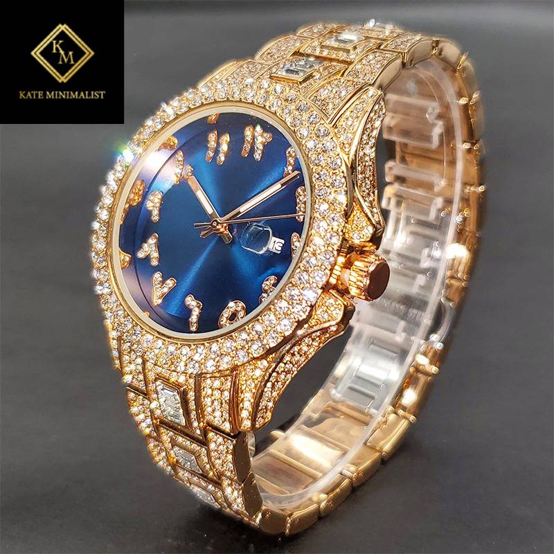 Golden Diamond Watch Auto Calendar Waterproof Couple Watches Royal Blue Dial With CZ Arabic Numbers Baguette Bracelet