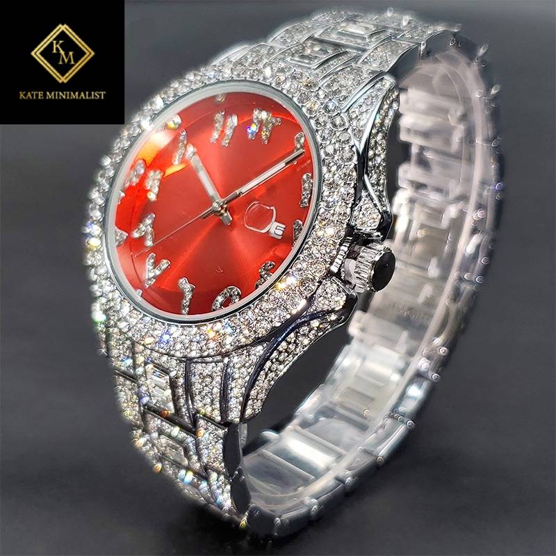 Golden Diamond Watch Auto Calendar Waterproof Couple Watches Royal Blue Dial With CZ Arabic Numbers Baguette Bracelet