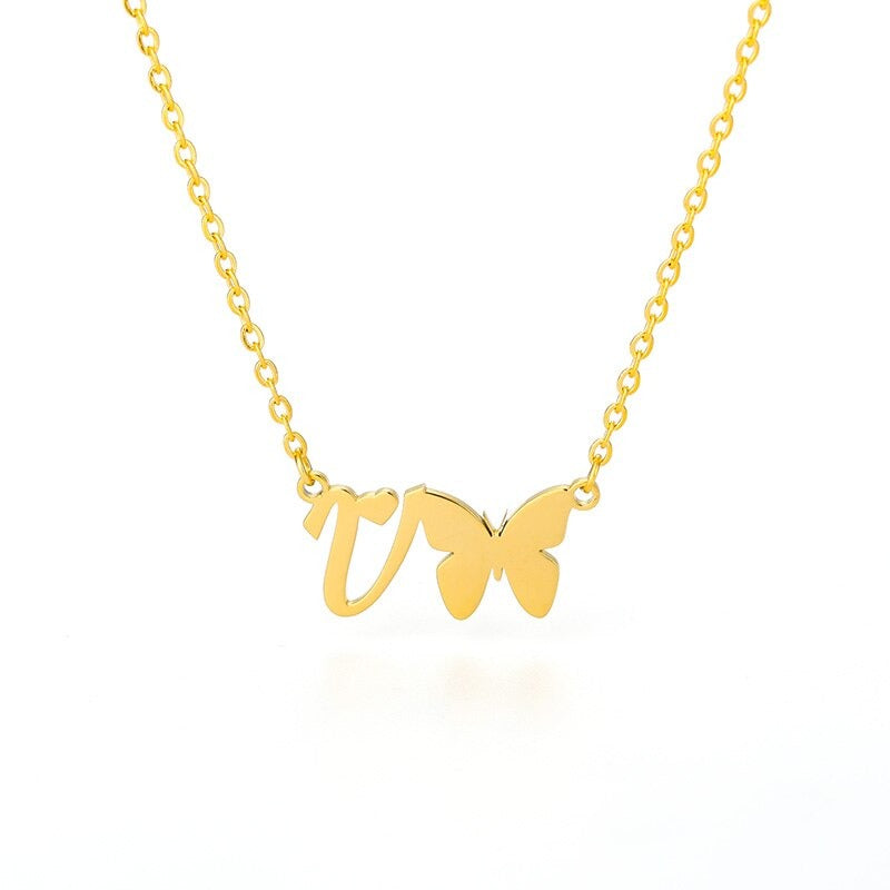 Custom Initial Necklace With Butterfly For Women Stainless Steel Gold A-Z Letters Butterfly Necklace