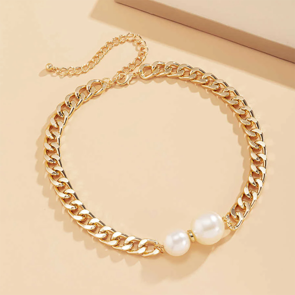 Vintage Smooth Cuban Link Round Pearl Pendant Necklace for Women