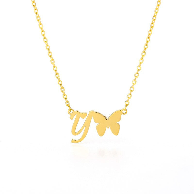 Cute Butterfly Initial Necklaces For Women , Custom Initial Necklace, Alphabet Letter Pendants Necklaces