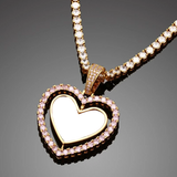 Rotating Double-side Hollow Heart Custom Photo Memory Medallion Pendant Necklace Pink Purple Cubic Zircon Men Hip Hop Chain Gift