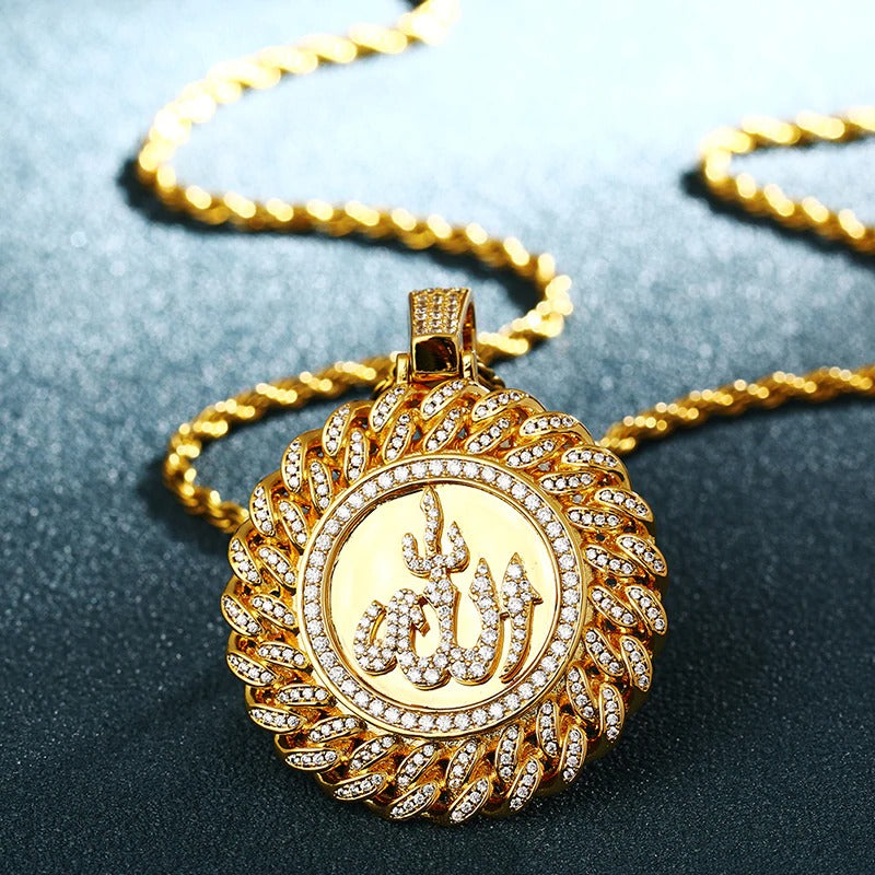 Muslim Islam Allah Pendant Necklace Full Of Crystal, Allah Necklace Gold,  Men's Hip Hop Jewelry