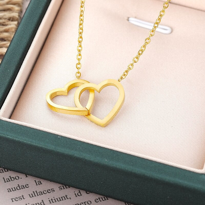 Double Heart Statement Necklace for Women Gold Stainless Steel Link Chian Wedding Jewelry