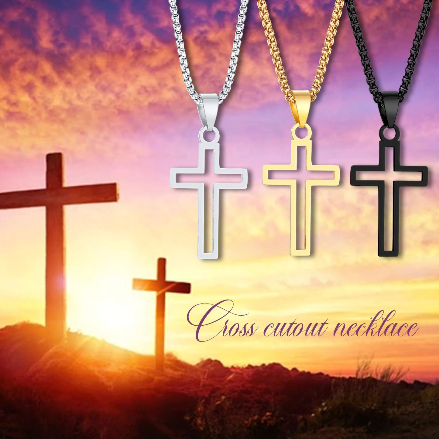 Cutout Cross Necklace for Men, Stainless Steel Hollow Cross Pendant with 24" Box Chain