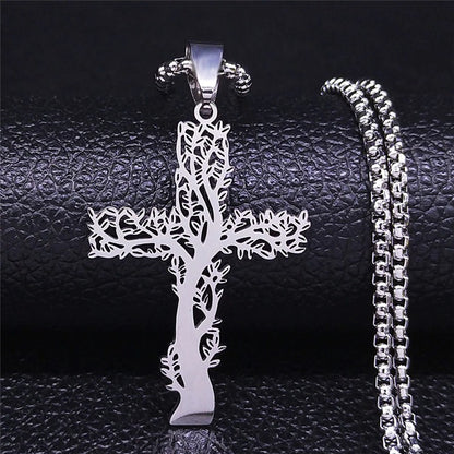 Tree of Life Cross Necklace, Stainless Steel Cross Pendant