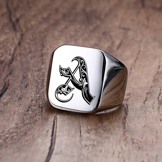 Signet Ring for Men 18mm Bulky Heavy Stamp Male Band Stainless Steel Letters Custom Jewelry Gift for Him