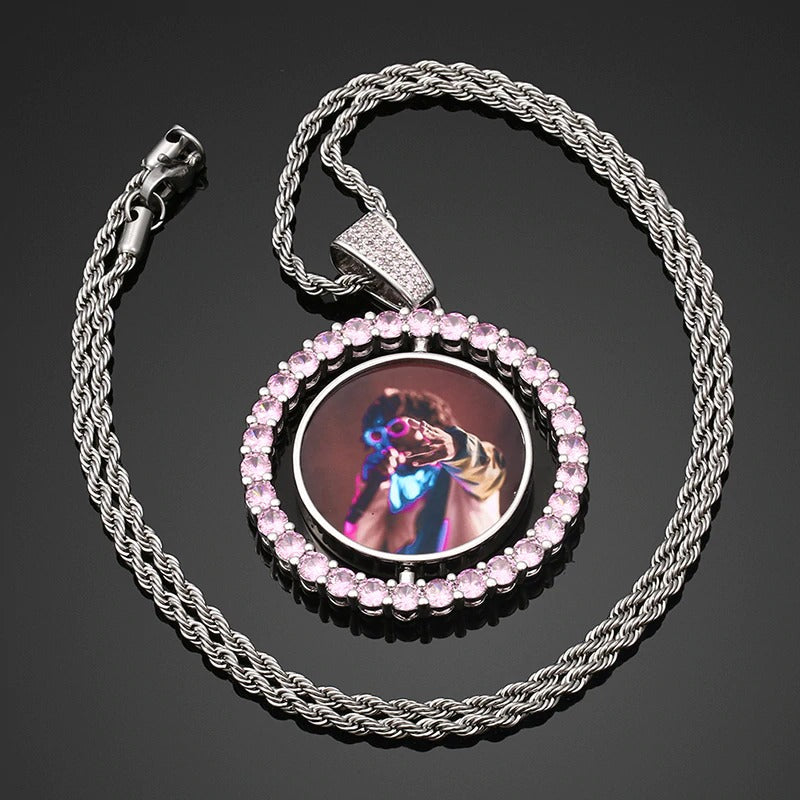 Only Pendant Colorful Crystal Custom Make Photos Rotating Double-sided Medallions Pendant Cubic Zircon For Men Hip Hop Jewelry