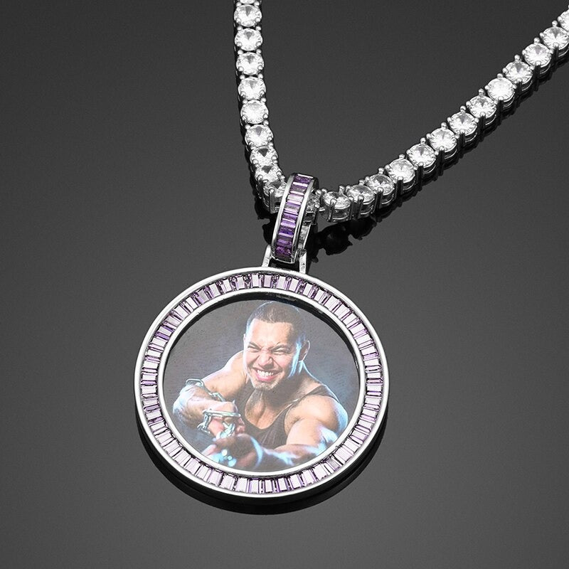 Custom Made Photo Baguette Crystal Medallions Solid Pendant Necklace For Women Personalize Cubic Zircon Men Hip Hop Rock Jewelry