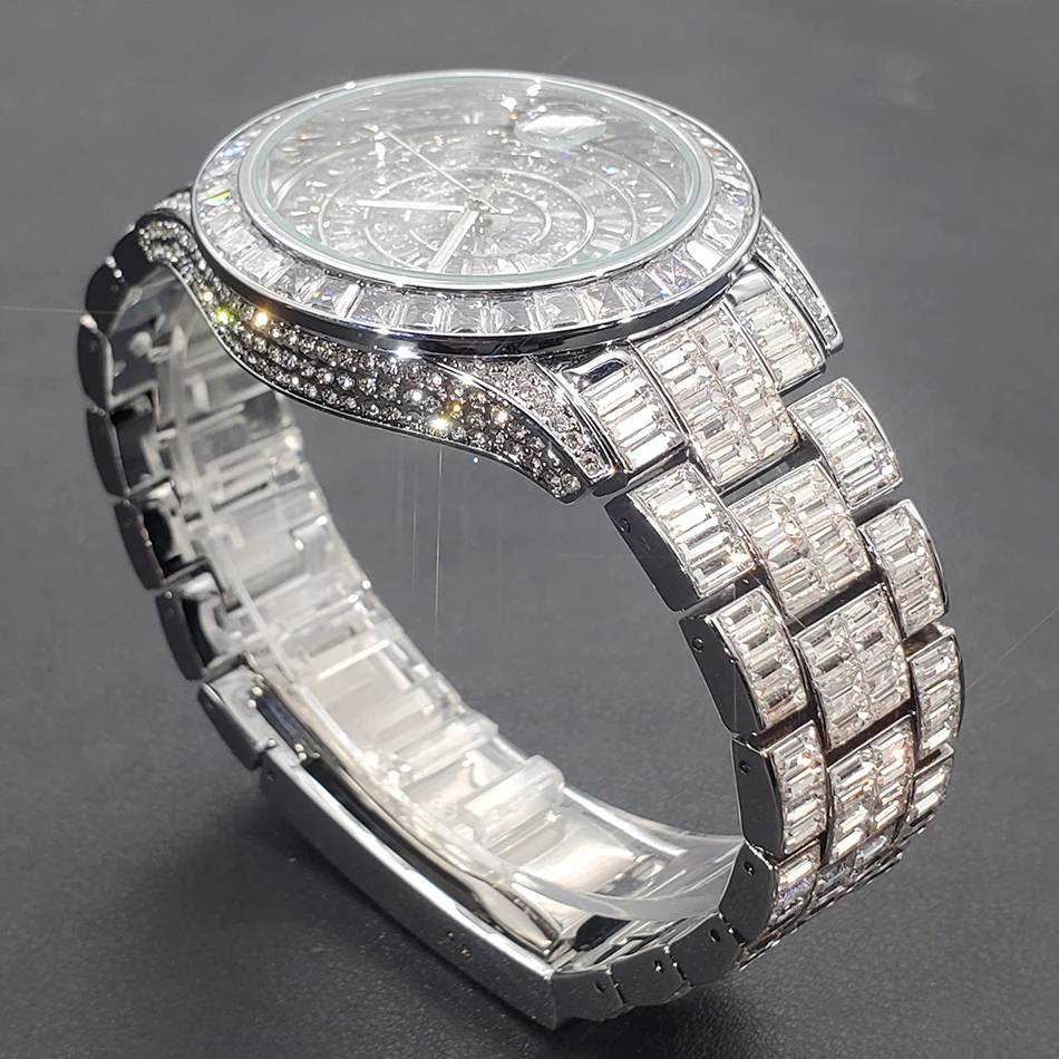 Watches For Men Luxury Handmade Mosaic Diamond Watch Silver Steel Fashion Hip Hop Automatic Date Male Clock