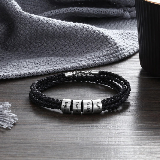 Personalized Bracelet Stainless Steel Custom Name Beads Adjustable Multilayer Braided Rope Men Bracelet