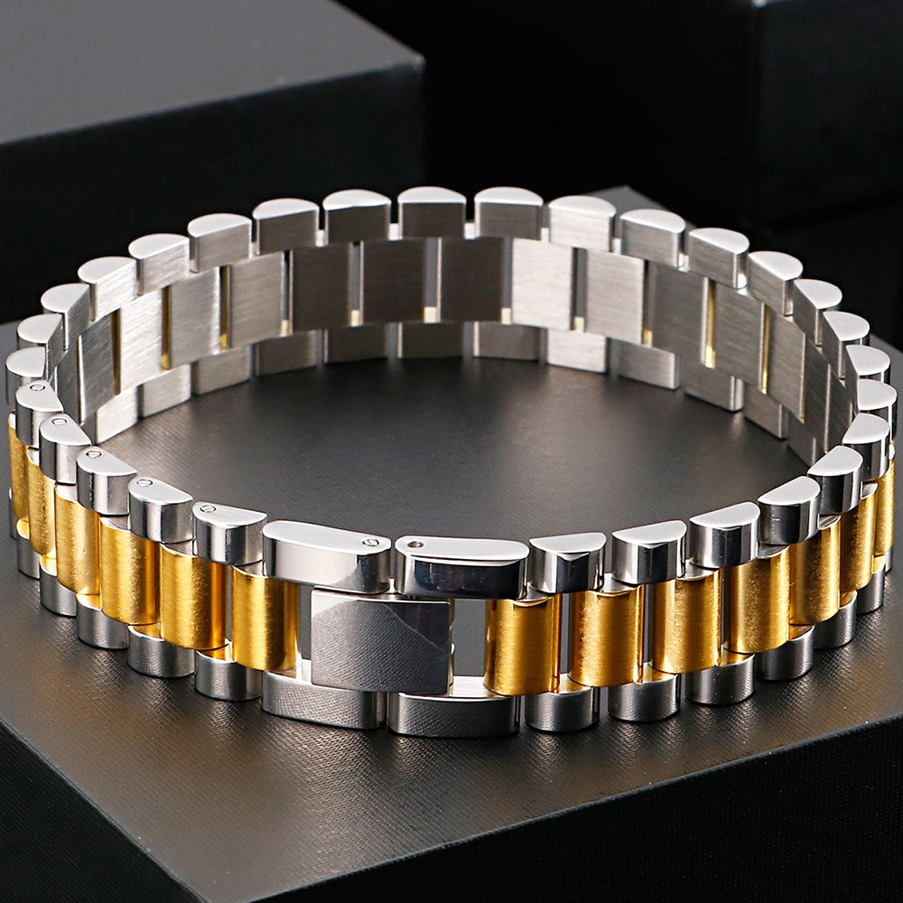 Luxury Gold Color 16MM Wide Watch Strap Link Chain Bracelet Men Stainless Steel Mens Bracelets Strap Male Jewellery Accessories