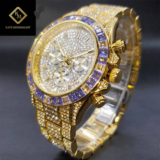 Waterproof Stainless Steel Iced Bracelet Purple Diamond Watch For Men Three Dial Work Sport Trend Clock