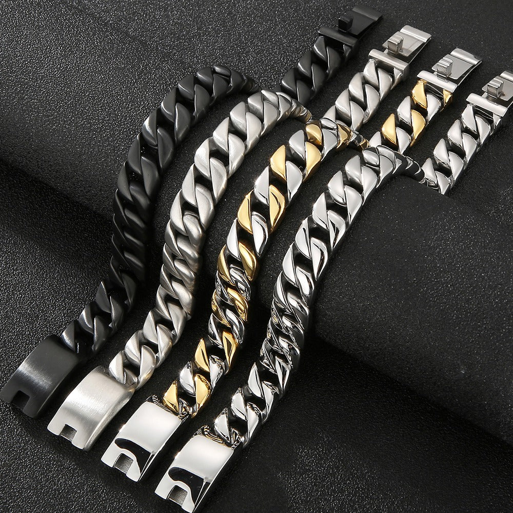 Man Bracelet Homme 12MM Wide Stainless Steel Curb Chain Charm Bracelets Hand Bands for Men Vintage Mens Jewellery Accessories
