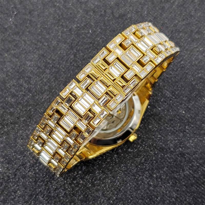 Mechanical Diamond Watch Gold Full Baguette Original Automatic Men's Skeleton Diamond Watch Luminous Luxury Waterproof Hand Clock