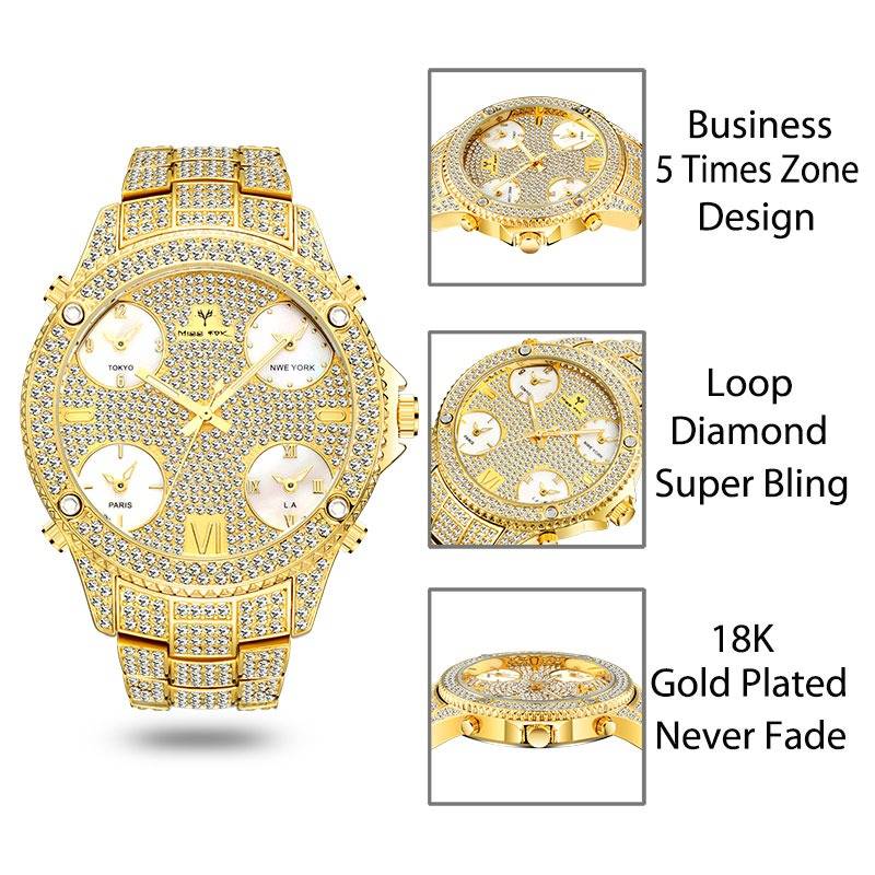 Brand Large Men Quartz Diamond Watch Bracelet Big Bezel Luxury Original Design Diamond Watch For Men Time Zone Clock