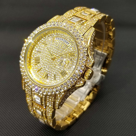Luxury Gold Full Diamond watch for Mens Watches Hip Hop Waterproof Day Date Clock Iced out watches