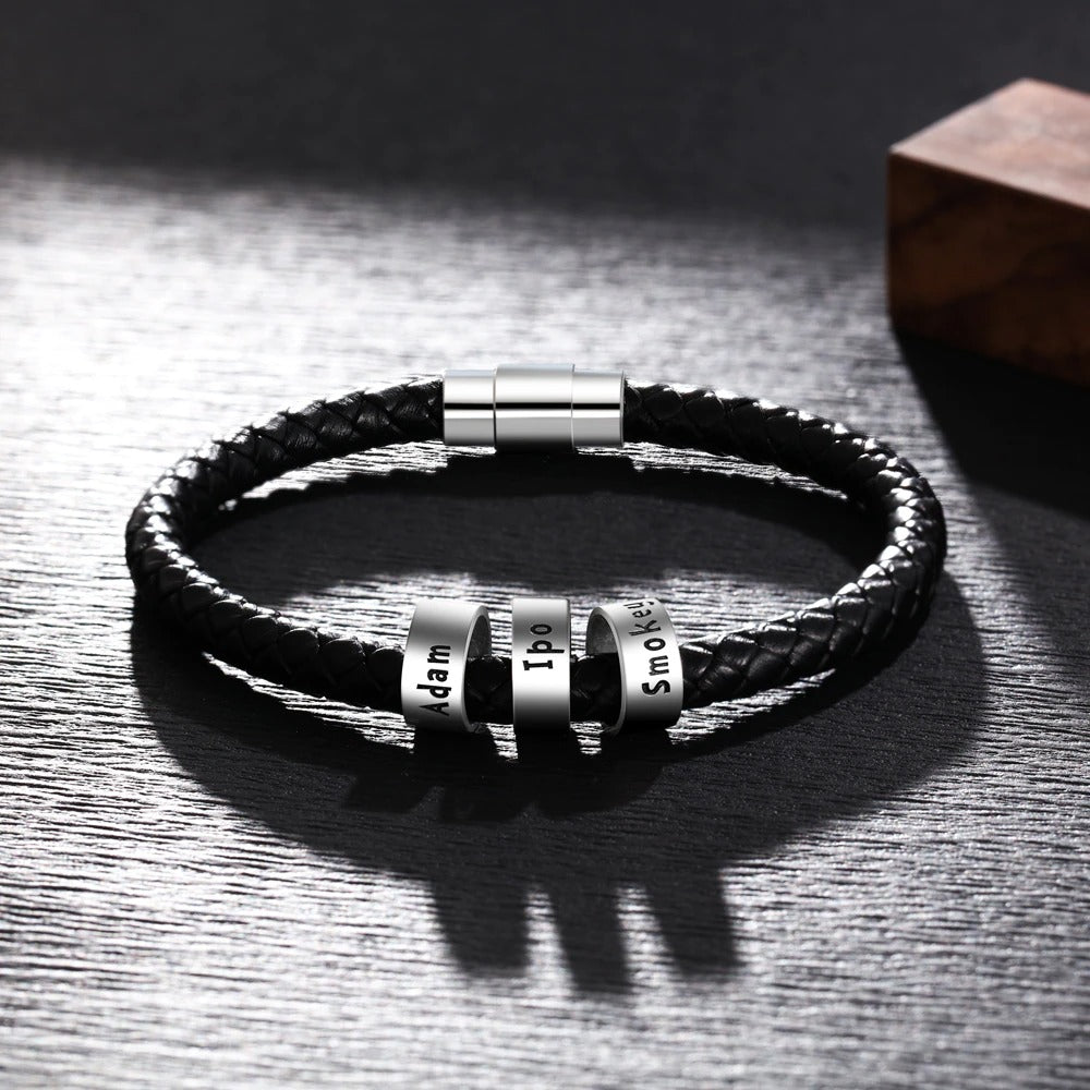 Personalized Men Leather Bracelet with  Customized Family Names Black Rope Magentic Buckle Bracelets