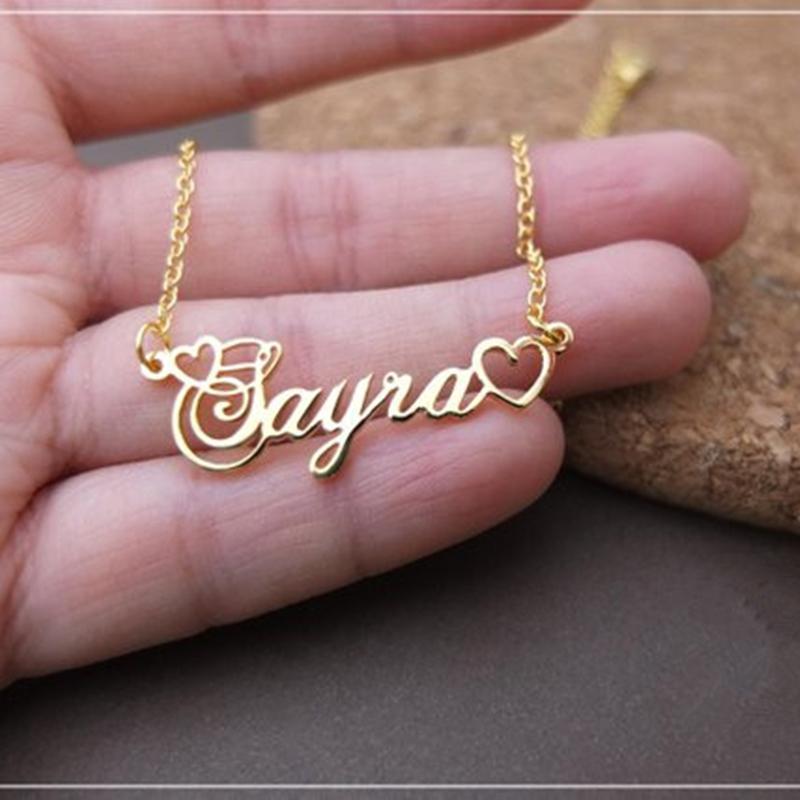 18K Personalized Name Pendant Necklace With Tiny Heart