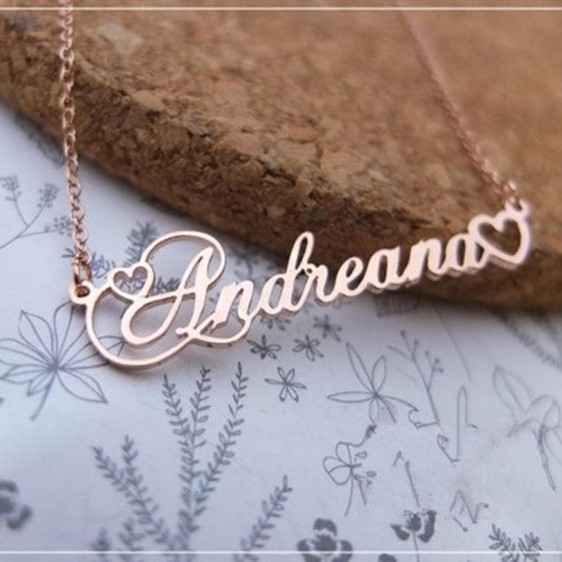 18K Personalized Name Pendant Necklace With Tiny Heart