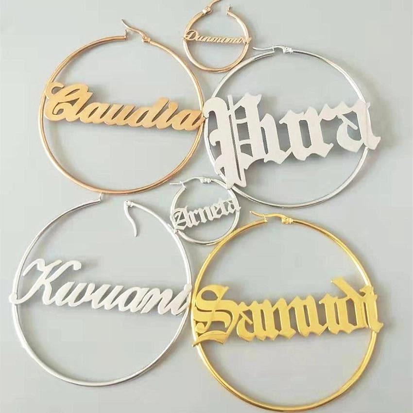 Custom Name Earrings- Old English Font Big Circle Earrings